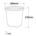 Black plastic pot, 3.3-litre capacity, 180mm (7-inch) diameter, 170mm height, ideal for gardening, seedlings, and plant propagation.