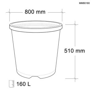 Mastelli Con Italy advanced plastic pot with handles, black, 160-litre capacity, 800mm diameter, and 510mm height, heavy-duty and made from durable polyethylene (PE), ideal for gardening and landscaping.