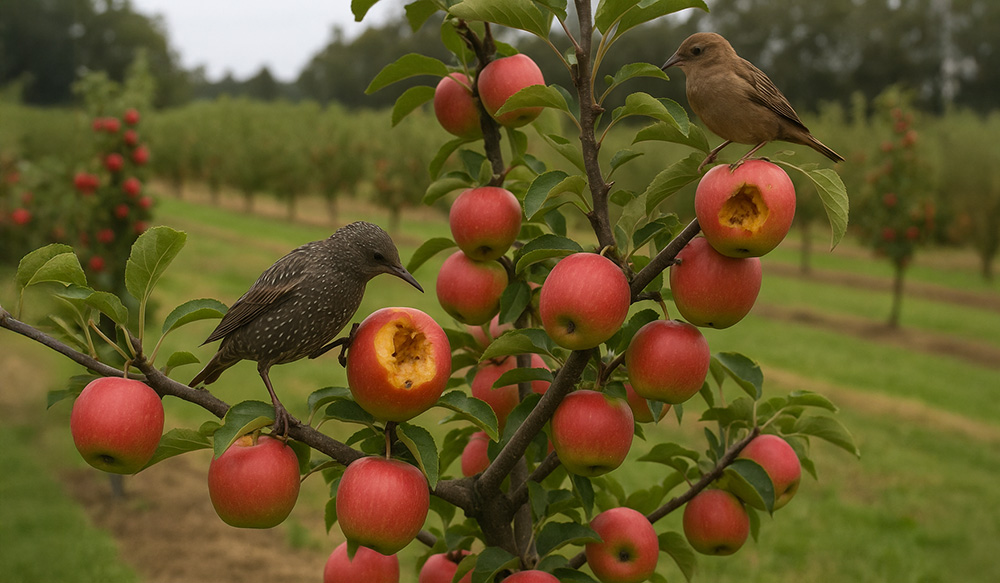 Birds eating fruits from a tree without bird netting