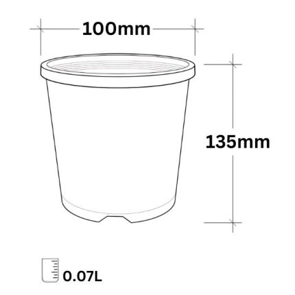 Black plastic pot space saver, 100mm (4-inch) diameter, 135mm height, 0.07-litre capacity, made in Australia, ideal for efficient plant spacing, gardening, and propagation.