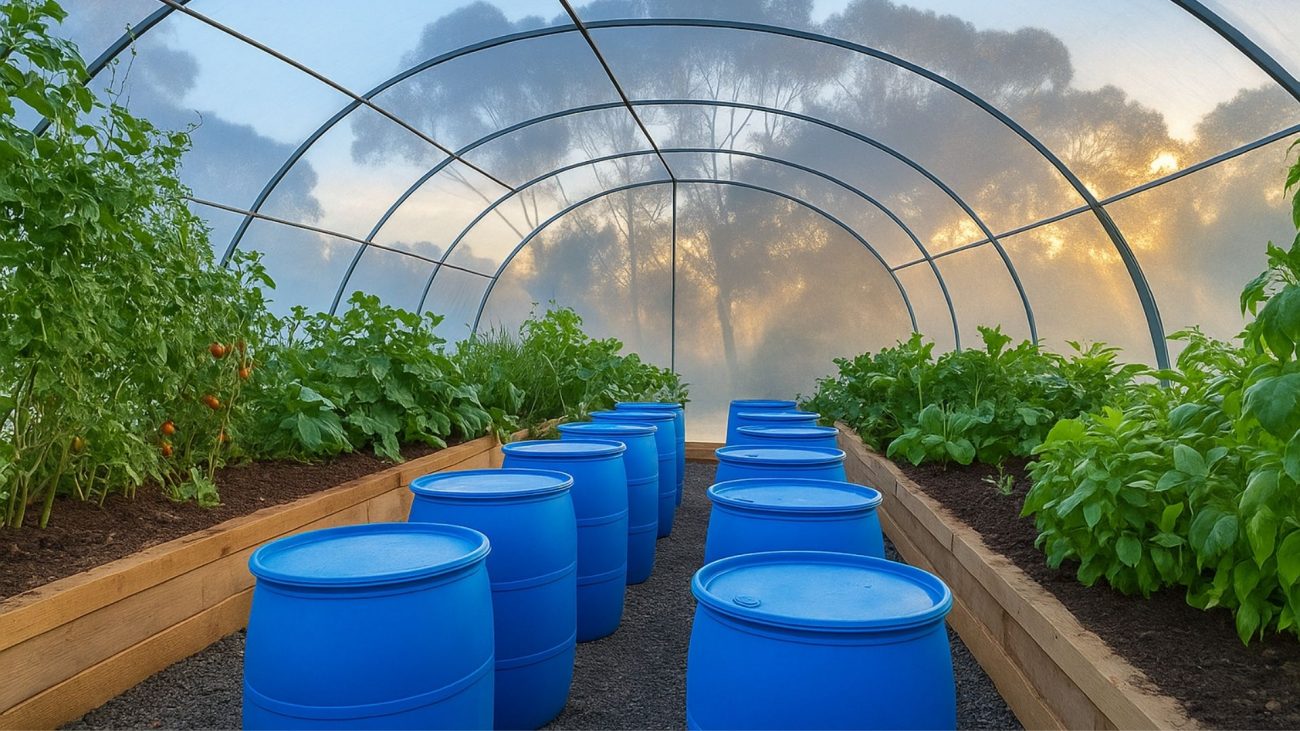 greenhouse with water barrels in it