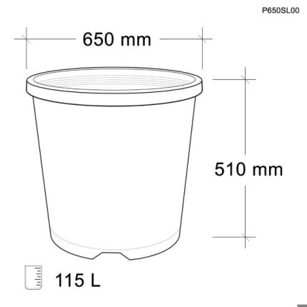 Garden City Plastics large black plastic pot, 115-litre capacity, 650mm diameter, and 510mm height, made from durable PP5 recyclable plastic, ideal for gardening and landscaping.