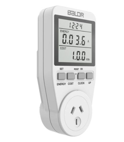 Baldr AU Power Usage Meter, compact plug-in device with LCD for monitoring appliance energy consumption and costs